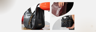 Tre borse Tosca Blu e Guess in pelle, fotografate in primo piano: una nera con dettagli metallici, una bordeaux intrecciata e una nera trapuntata a struttura rigida.